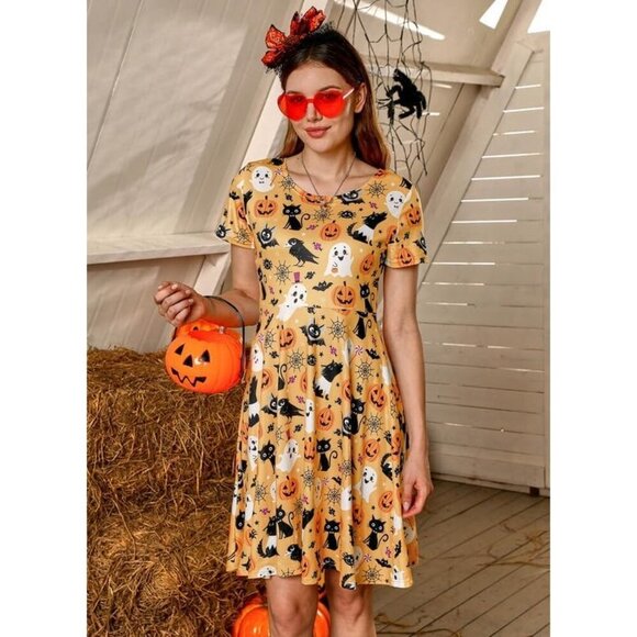 Women's Halloween Dress for Women Short Sleeves Printed Vintage Style Pumpkin - Picture 3 of 6